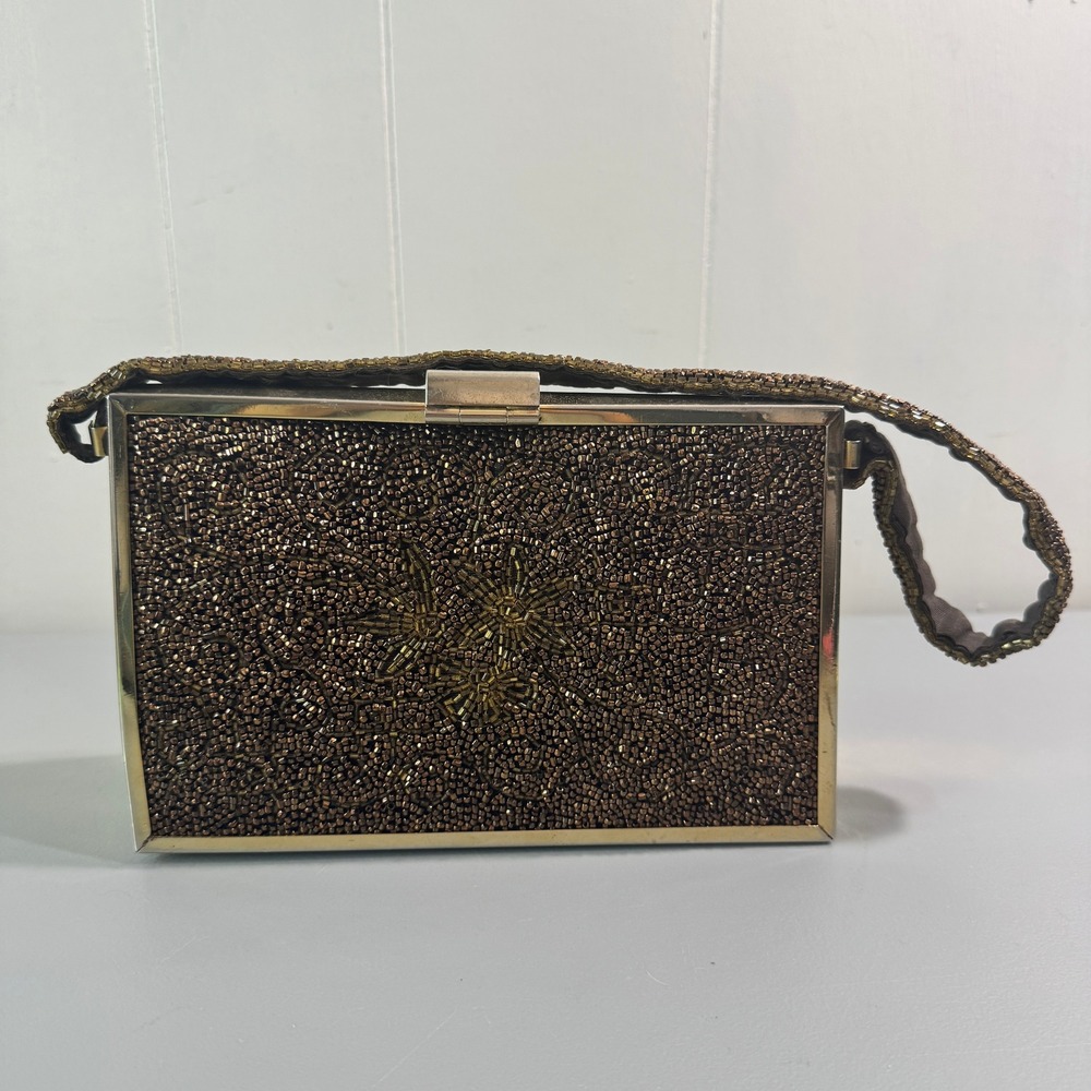 Vintage Tyrolean Bronze Caviar Bead Evening Bag Gold Plate Surround 1950s Flaw
